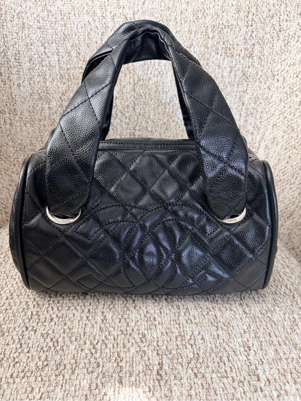 Authentic CHANEL Black Caviar Quilted Bowler Bag Silver HW (11-Series)⁠